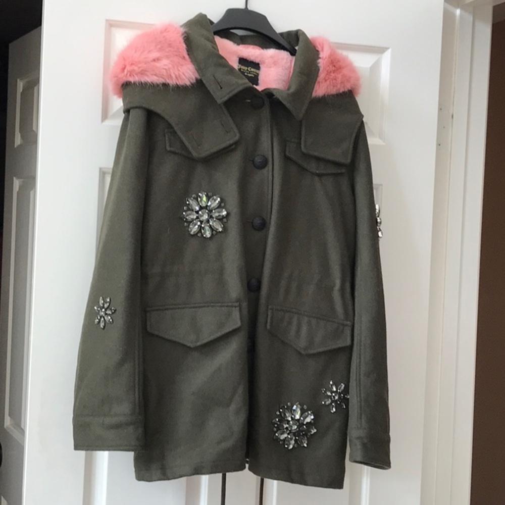 Juicy Couture Olive Utility Jacket with Pink Fur Hood